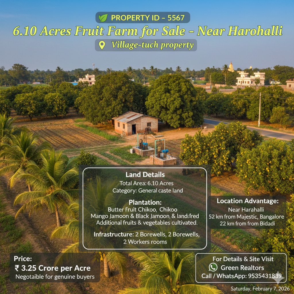 🆔 *PROPERTY ID – 5567* 🌿 *6.10 Acres Fruit Farm for Sale – Near Harohalli 🌿*